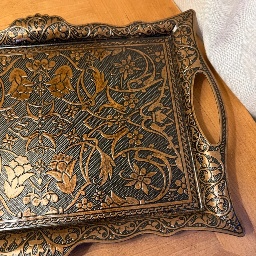 Alisveristime Turkish Zamac Decorative Tray Floral Embossed Vanity Serving